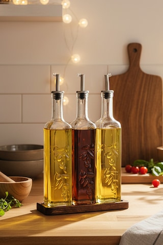 Snippy Safir - Ahşap Standlı 3'lü Cam Damlatmaz Yağlık Sirkelik Zeytinyağı Sıvıyağ Şişesi Yağlık 500ml Ahşap