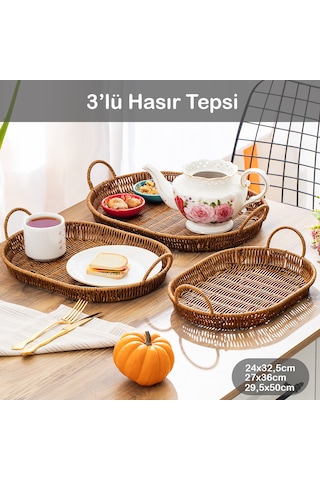 Porsima 708c Oval 3'lü Hasır Tepsi Dekoratif Sunum Servis Tepsisi