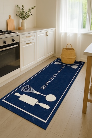 Turkıshrug Kıngdom Lacivert Ve Bej Desenli Kitchen Yazılı Halı Modern Dijital Baskılı Tasarım Çok Renkli
