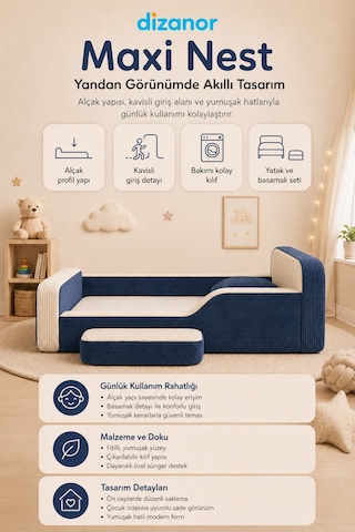 Dizanor Maxi Nest Montessori Çocuk Karyola Yatak Seti Lacivert Fitilli 90 X 190