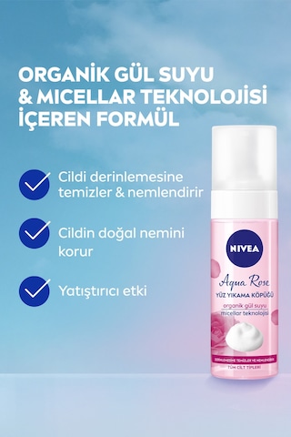 Aqua Rose Organik Gül Suyu İçeren Yüz Yıkama Köpüğü 150ml, Nemlendirici, Yüz Temizleyici, Micellar