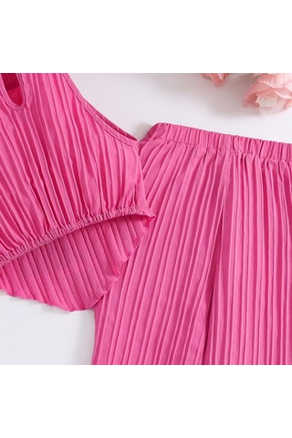 7-12y Kızlar Büyük Kız Takım Elbise Çocuk Yaz Yeni Moda Askılı Boyun Yelek Üst Dalga Şerit Pantolon 2 Adet Turuncu