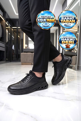Komcero Kauçuk Tabanlı Bağcıklı Sneaker Siyah Hakiki Deri Erkek Casual Ayakkabı Hz2821-2522