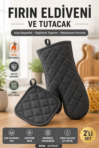Antrasit Fırın Eldiveni Ve Tutacak Seti Isıya Dayanıklı Kapitone Mutfak Eldiveni Fırın Tutacağı Gri Renk.