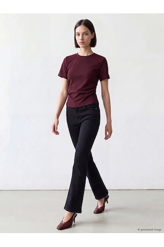 Lcw Comfort Mürdüm Bisiklet Yaka Büzgülü Kadın Tişört