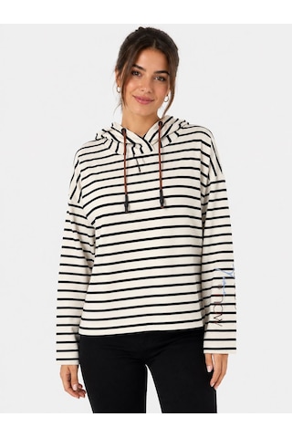 Neden Tekstil Kadın Çizgili Kapüşonlu Uzun Kollu Sweatshirt - Beyaz