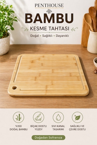 Bambu Kesme Tahtası 26x36 Cm Askılı, Oluklu, Doğal Ahşap Mutfak Kesme Ve Sunum Tahtası Açık Bej