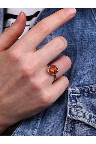 Doğal Taşlı Kehribar Ayarlanabilir Yüzük Orta Boy