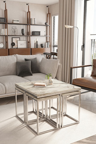 Lizbon 4+1 Kare Sehpa Takımı Gümüş Metal - Beyaz Mermer Tabla