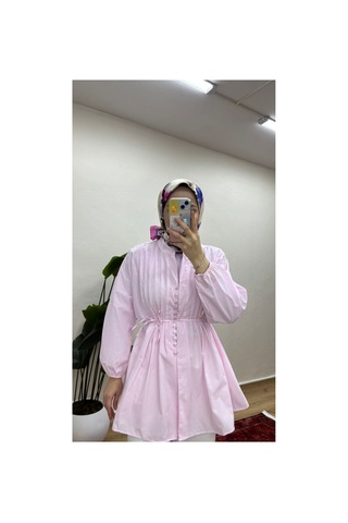 Moonsc Kadın Nervürlü Keten Tesettür Gömlek - Pembe