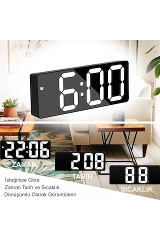 Hymark Led Ekran Usb Güç Dijital Aynalı Masa Saati Sıcaklık Alarm