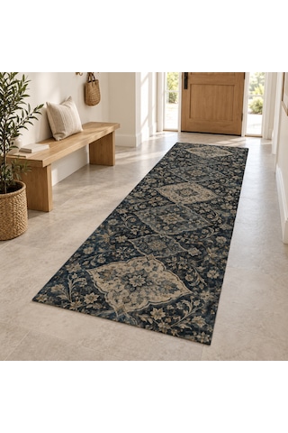 Kartela Halı Gece Mirası Lacivert Krem Koridor Mutfak Yolluk Halısı Kaymaz Taban 60x180 Cm
