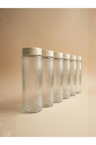 Cam Saklama Kabı Seti, Krem Plastik Kapaklı, 1350 Ml, 9cm X 20cm, 6'li Set