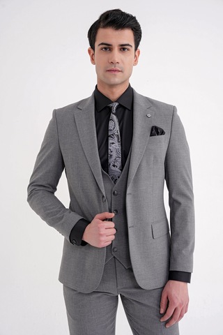 Efor Slim Fit Çift Yırtmaç Ekoseli Esnek Yünlü Yelekli Klasik Füme Takım Elbise Tk 934 Füme
