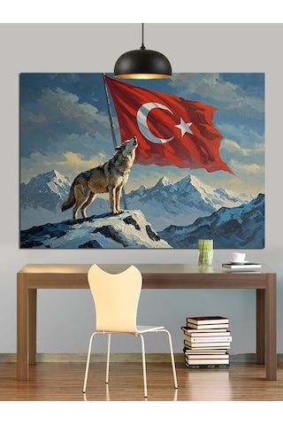Dağ Başında Türk Bayrağı Dekoratif Kanvas - Mdf Ahşap Tablo