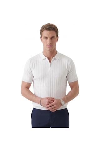 Deepsea Erkek Beyaz Polo Yaka Fermuarlı Çizgi Dokulu Regular Fit Likralı Triko Tişört 2608008