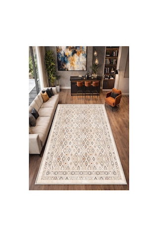 Krem Dijital Baskı Halı Kaymaz Tabanlı Yıkanabilir Halı Yolluk Salon Halısı133