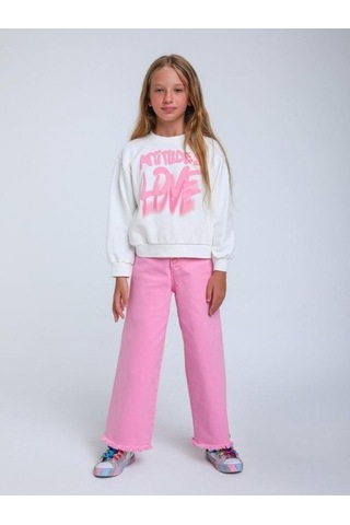 Kız Çocuk Love Yazılı Kapüşonlu Sweatshirt-14296 Ekru