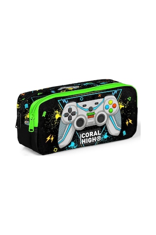 Coral High Kids Siyah Fosforlu Yeşil Gamer Desenli İki Bölmeli Kalem Çantası 12087