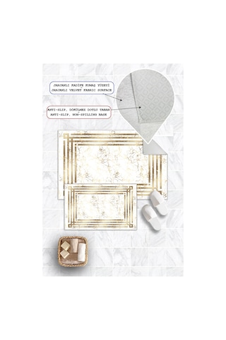 Dijital Baskı Mermer Desenli Kaymaz Taban 2li Set Banyo Paspası Klozet Takımı 50x60cm-60x100cm Gold