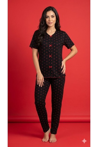 Sleeproom Yazlık Siyah Kırmızı Kalp Desenli Kısa Kol Penye %100 Pamuk Pijama Takım
