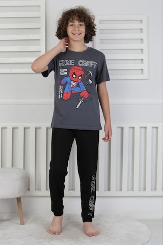 Bunny Hopp Erkek Çocuk Yazlık Kısa Kollu Baskılı Pijama Takımı %100 Pamuk 8-13 Yaş Antrasit