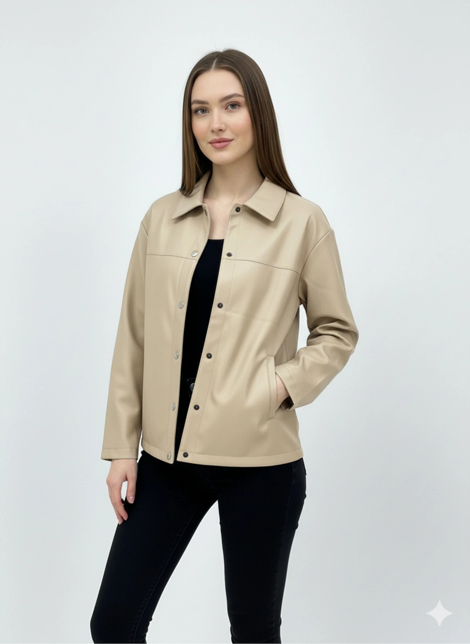 Kadın Çıtçıt Düğmeli - Suni Deri - Ceket -günlük Kullanım - Blazer Gömlek Yaka - Çift Cepli Koyu Bej