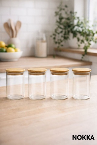 4 Adet Vakumlu Bambu Kapaklı Borosilikat Baharatlık, 8 Cm, Saklama Kabı, Çerezlik 150 Ml Diğer