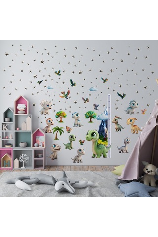 Sevimli Dinazorlar Temalı Boy Ölçerli Duvar Sticker Seti - Mat, Sökülebilir, Çocuk Odası Dekoru 01