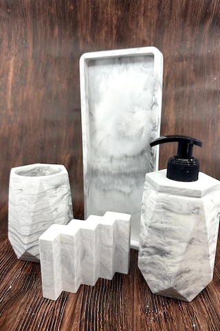 Betonmall 4 Parça Mermer Desenli Beton Banyo Seti Katı Sıvı Sabunluk Diş Fırçalık Tepsi - Gri Gri