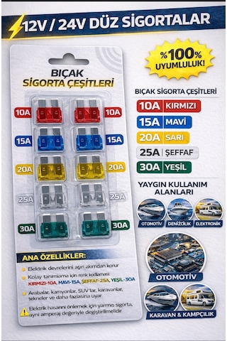 10'lu Bıçak Sigorta Seti 10a-30a 12v/24v Araç Uyumlu Renk Kodlu Yüksek Performans 1