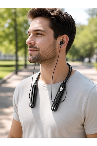 Dijital Göstergeli Boyun Tipi Bluetooth Kulaklık Mikrofonlu Çağrı Ve Müzik Kontrollü Çift Cihaz Bağlantılı Kulaklık