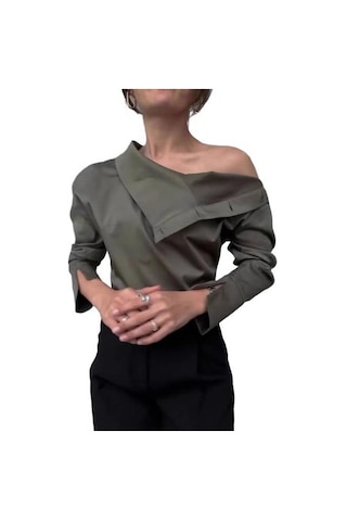 Kadın Gömlek Düğme Eklemeli Balıkçı Yaka Uzun Kollu Rahat Bol Kesim Gömlek Düz Yeşil