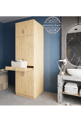 Piramit Çamaşır Ve Kurutma Makinesi Dolabı Banyo Dolabı Meşe Meşe