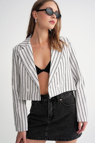 4641 Kadın Keten Çizgili Crop Ceket Siyah Siyah