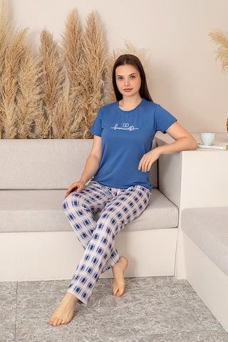 Nisanca Slim Fit Desenli Kısa Kol Mevsimlik Kadın Pijama Takımı mavi
