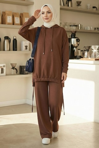 Bestenur Kapüşonlu Tunik Pantolon Takım 1682 - Kahve Kahverengi
