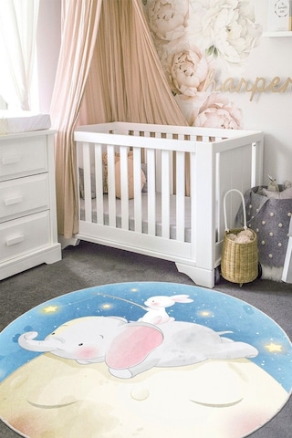 Ay Üstünde Bir Masal Tavşanlı Ve Fil Temalı Yuvarlak Kaymaz Taban Halı Mavi