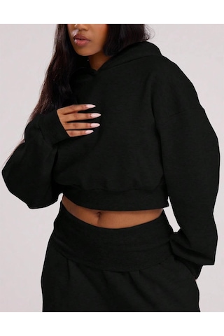 Brz Collection Relaxed Fit Basic Crop Hoodie Siyah Siyah