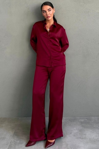 Madmext Bordo Saten Gömlek Pantolon Takım Mg2745