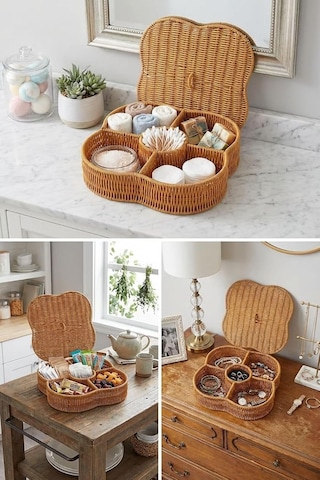 Kapaklı 5 Bölmeli Plastik Rattan Organizer Kutu Hasır Desenli Çok Amaçlı Saklama Ve Sunum Çok Renkli