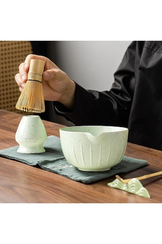 5'li Matcha Çay Seti, Bambu Süpürge, Kaşık, Kürek Ve Seramik Kase İle Açık Yeşil
