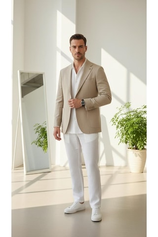 Plus Scorpion Ck089 Erkek Slim Fit Blazer Ceket Tek Düğmeli Çift Yırtmaçlı Torba Cepli Yarım Astarlı Bej
