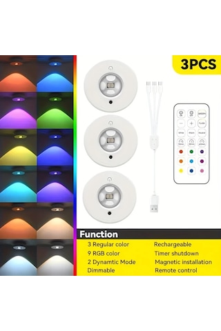 Willowhaven 3 Adet Uzaktan Kumandalı Şarj Edilebilir Rgb Gece Işığı Parlaklık Ayarı 12 Renk Modu Manyetik Dolap Aydınlatma Mutfak Banyo Yatak Odası Ofis