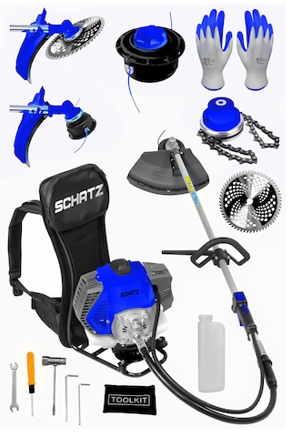 Schatz 5.9 Hp Sırt Tipi Benzinli Motorlu Ot Çalı Çim Biçme Tırpanı 11000rpm Mavi + Canavar Başlık