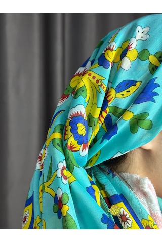 Çengelköy Desenli Pullu Yazma 100x100 Cm Etnik Çiçekli Başörtüsü Çeyizlik Ve Günlük Açık Turkuaz