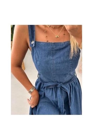 Gesshop Kadın Askılı Etek Volanlı Kuşaklı Midi Boy Denim Elbise Koyu Mavi