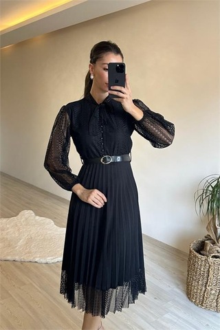 Neşeli Butik Kadın Dantelli Piliseli Yaka Bağlamalı Midi Elbise Nm012 Siyah