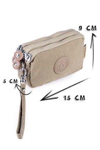 Krinkıl / Klinkır Su Geçirmez 3 Fermuarlı Bilek Askılı Mini Cüzdan Makyaj El Çantası 1115kb Camel