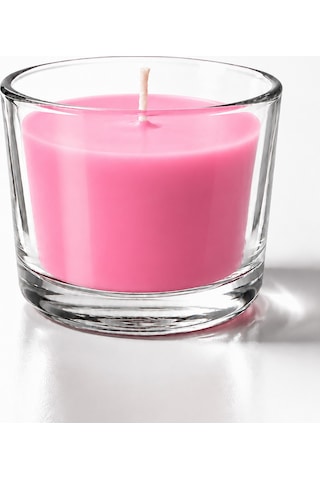 Pembe Çiçekler Kokulu Bardak Mum 20 Saat Yanma Uçuk Pembe Cam Kap 7,8 6 Cm